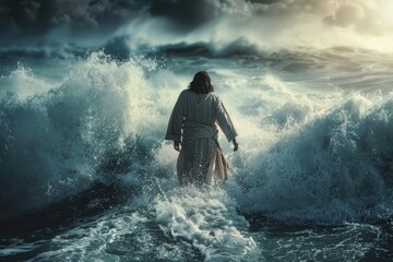 Fototapeta premium A person in a long white robe standing in the ocean, great for spiritual or symbolic imagery