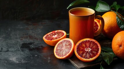 A glass of juice and fresh red blood orange fruit closeup view