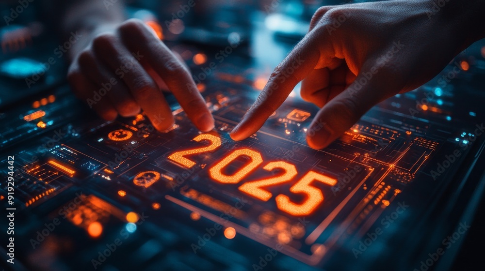 Aufkleber a person is pointing at the number 2025 on a computer screen