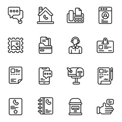 Contact icon set. Includes chat, contract, feedback, profile, thumbs up, mailbox, post, and More. Outline icons vector collection.