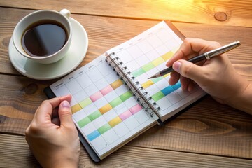 Organized desk with open planner, pens, and coffee cup, showcasing a detailed 2024 event schedule with colorful notes and highlighted important dates.
