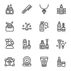 Cosmetics icon set. Includes brush, conditioner, eyelash mascara, face cleanser, lipstick, nail polish, and More. Outline icons vector collection.