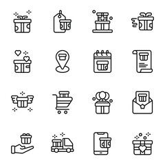 Gift Box icon set. Includes balloons, letter, package, present, surprise, wish list, and More. Outline icons vector collection.