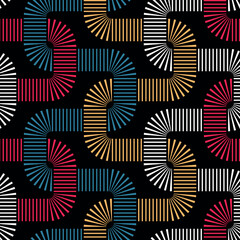 Seamless repeating pattern with interlaced dashed wavy lines on a black background. Multicolor geometric striped design. Ethnic dash art with small blue, red, white, and yellow rectangles.