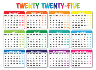 2025 Monday Start Landscape Color Calendar. 2025 Monday Start Horizontal Colorful Calendar Template
Simple calendar for year 2025 isolated on white background. Vector illustration.