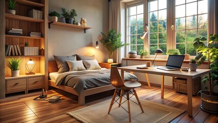 Fototapeta premium Cozy bedroom converted into a home office with a laptop, papers, and books on a wooden desk, surrounded by a comfortable bed and soft lighting.
