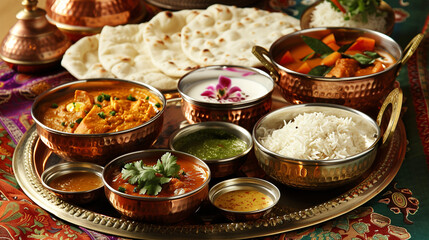 a vibrant Indian feast, including butter chicken, basmati rice, naan bread, and various chutneys, all served in traditional copper dishes on a colorful tablecloth
