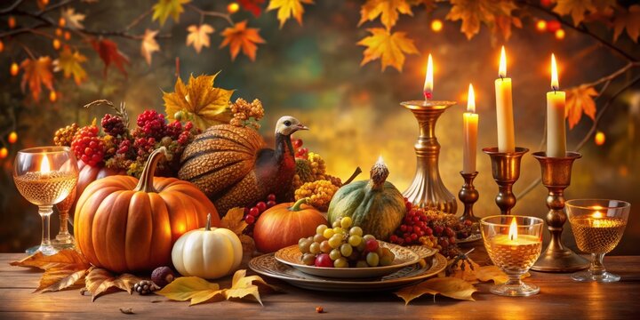 Golden-lit autumnal table setting featuring candles, velvet linens, pumpkins, ornamental gourds, and a majestic turkey centerpiece, adorned with crisp fall leaves and seasonal flowers.