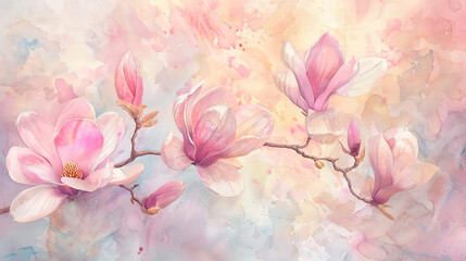 Fototapeta premium Watercolor magnolias in wet-on-dry style, detailed petals in vibrant spring colors, pastel background