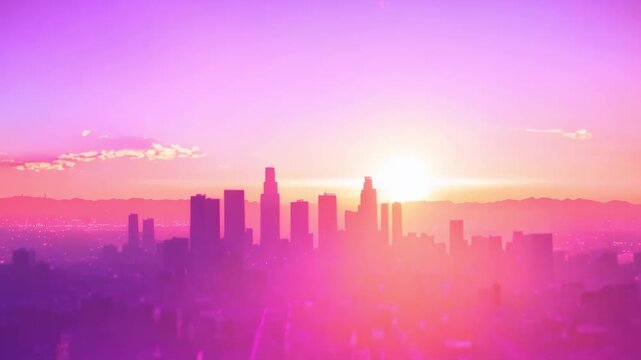 Drone footage of downtown Los Angeles silhouetted skyline at sunset in futuristic anime style