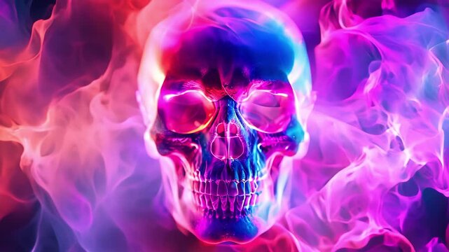 Psychedelic visual artwork of skull with smoke motion in colorful neon lights