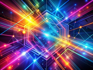 Obraz premium Vibrant neon lines and shapes dynamically intersect in a mesmerizing futuristic communication background, evoking digital data transmission and cutting-edge technology.