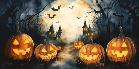 Watercolor Halloween background with pumpkin. Happy Halloween