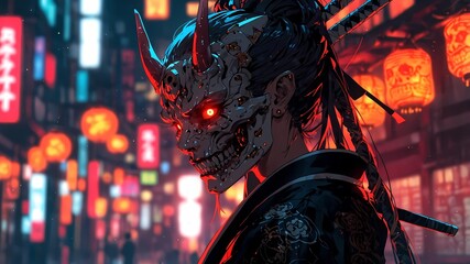 Vibrant Oni Skulls: A Fusion of Ancient Japanese Folklore and Futuristic Cyberpunk Aesthetics