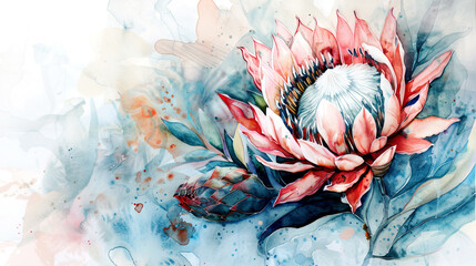Watercolor Painting tropical protea with ink and wash combination, intricate details, light background