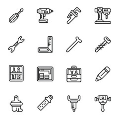Fototapeta premium Screwdriver icon set. Includes brush, drill, screw, spanner, ruler, hydraulic breaker, and More. Outline icons vector