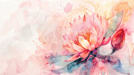 Watercolor Painting tropical protea with soft blending, airy and gentle transitions