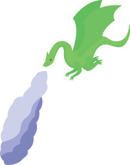 Cartoon green dragon flying and blowing smoke through nostrils, isolated on white background