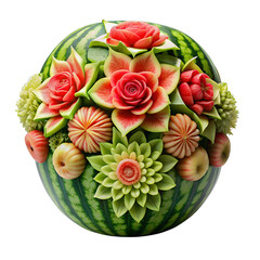 Obraz premium Exquisite watermelon carving transformed into a vibrant floral arrangement. Perfect for culinary projects, holiday art projects, and creative food presentations.