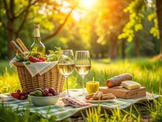 Serene summer picnic setup featuring wine, gourmet food, and elegant tableware against a soft green pastel backdrop with warm, shadowy sunshine casting a relaxing ambiance.