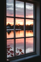 A window in a serene lakeside cabin, reflecting the pink hues of a sunset over calm waters. 