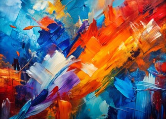 Naklejka premium Vibrant abstract artwork featuring bold, expressive brushstrokes and heavy texture, blending blue, orange, red, purple, and white hues in a mesmerizing visual display.