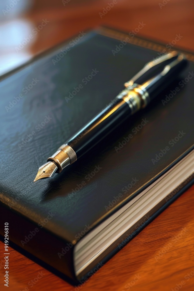 Poster a pen sitting on top of an open book on a table, ready for use