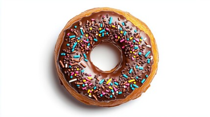 A delicious donut with chocolate glaze and colored sprinkles, on a white background