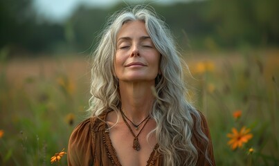 mature woman with grey hair standing in grass field with eyes closed in self healing,wellness concept.