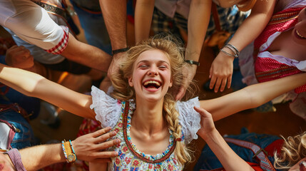 Woman in Dirndl crowd surfing at Oktoberfest.