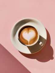 A cup of coffee with heart pattern in a white cup on pink  background