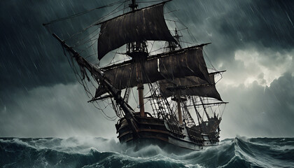 A pirate ship battles fierce waves and lightning in a raging storm on the open sea.