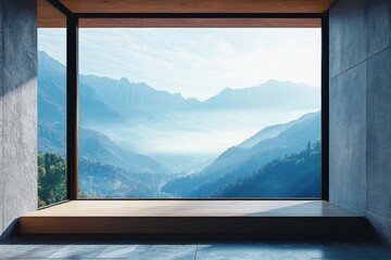 A window in a serene mountaintop retreat, capturing the mist rising from the valleys below. 