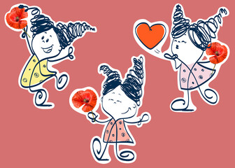 A set of stickers with cheerful girls in different poses. With poppies in hands