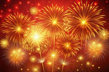 Vibrant golden fireworks explode against a bold red background, symbolizing good fortune and prosperity, perfect for Chinese New Year celebrations and festive decorations.