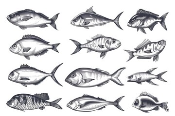 Close-up view of multiple species of fish swimming in unison on a clean white surface