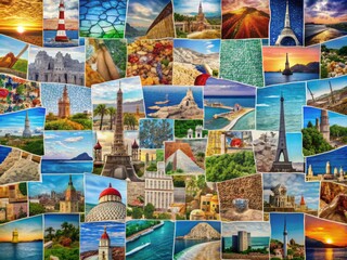Fototapeta premium Vibrant top view of a colorful mosaic of travel memories showcasing iconic landmarks, beaches, cityscapes, and scenic vistas from around the world.