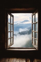 A window in a serene mountaintop retreat, capturing the mist rising from the valleys below. 