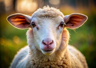 Obraz premium Adorable white sheep with distinctive brown spot on its head gazes directly at the camera, highlighting innocence and serenity, perfect for Qurbani 2024 calendar.