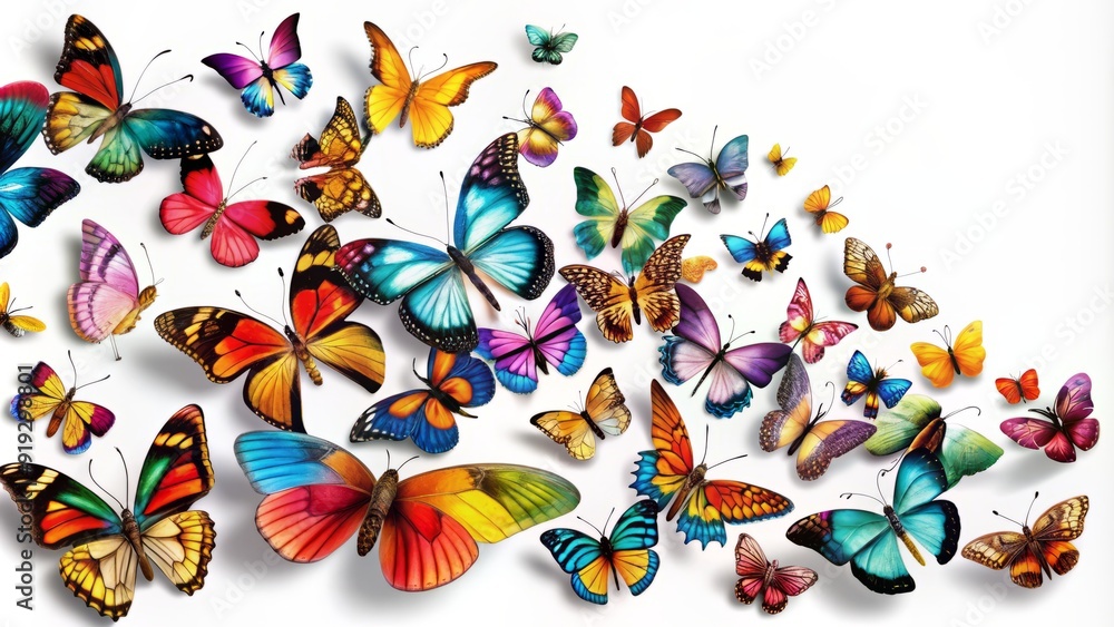 Poster vibrant, colorful butterflies of various species flutter and soar against a pristine white backdrop,
