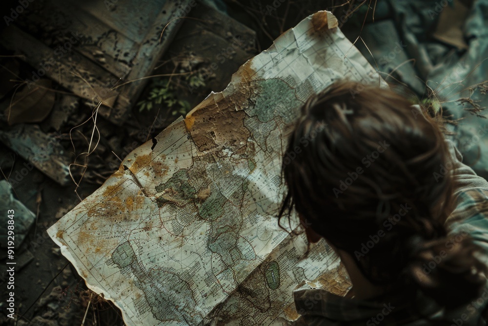Poster a person examining a map on the ground