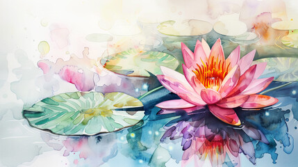Watercolor Painting tropical water lily with ink and wash combination, intricate and colorful, light background