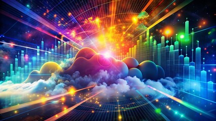 Fototapeta premium Vibrant, swirling clouds of binary code, colorful graphs, and abstract shapes blend together, conveying the dynamic, ever-shifting landscape of digital content strategy in motion.