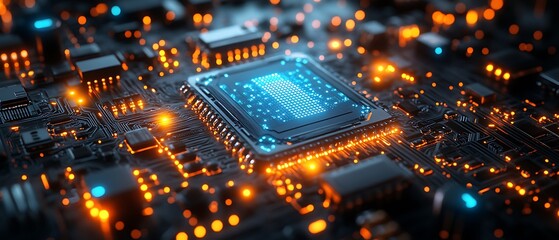 Obraz premium Illuminated circuit board with a glowing CPU.