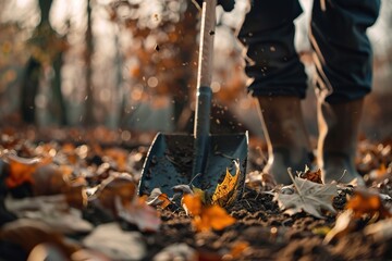 Gardening in autumn with shovel, fallen leaves, and soil.