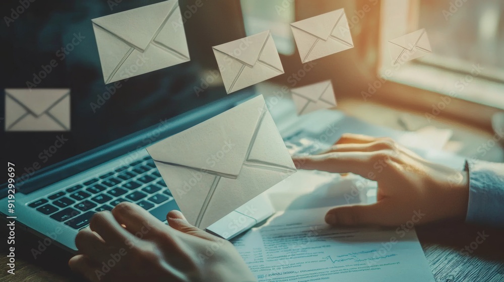 Poster sending emails on laptop in a professional work environment