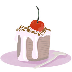 Chocolate cake topping with Cherry.Hand drawn,Creative with illustration in flat design,watercolor.