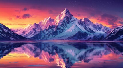 Obraz premium Snowy Mountain Range Reflecting in a Still Lake at Sunset