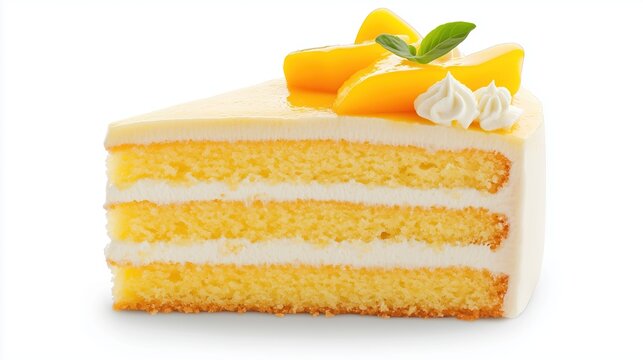 Piece of mango sponge cake on white background