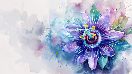 Watercolor passion flower with feathering, smooth and flowing edges, elegant and delicate, clean background